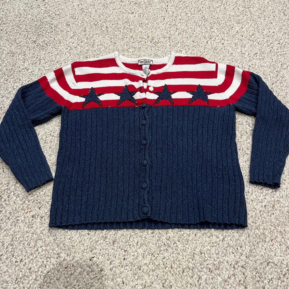 Vintage Tiara Full Zip America Cardigan Sweater Sz L Knit Heavyweight Casual